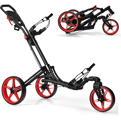 GYMAX Folding Golf Push Cart with Swivel Front Wheel, 3 Wheel Adjustable Golf Pull Cart, Easy Folding Compact Golf Trolley for Clubs