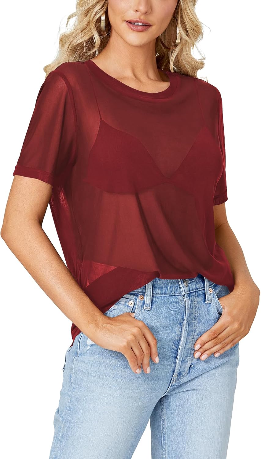 Rooscier Women's Sheer Mesh Short Sleeve Round Neck See Through Sexy Blouse Shirt Top - Image 4