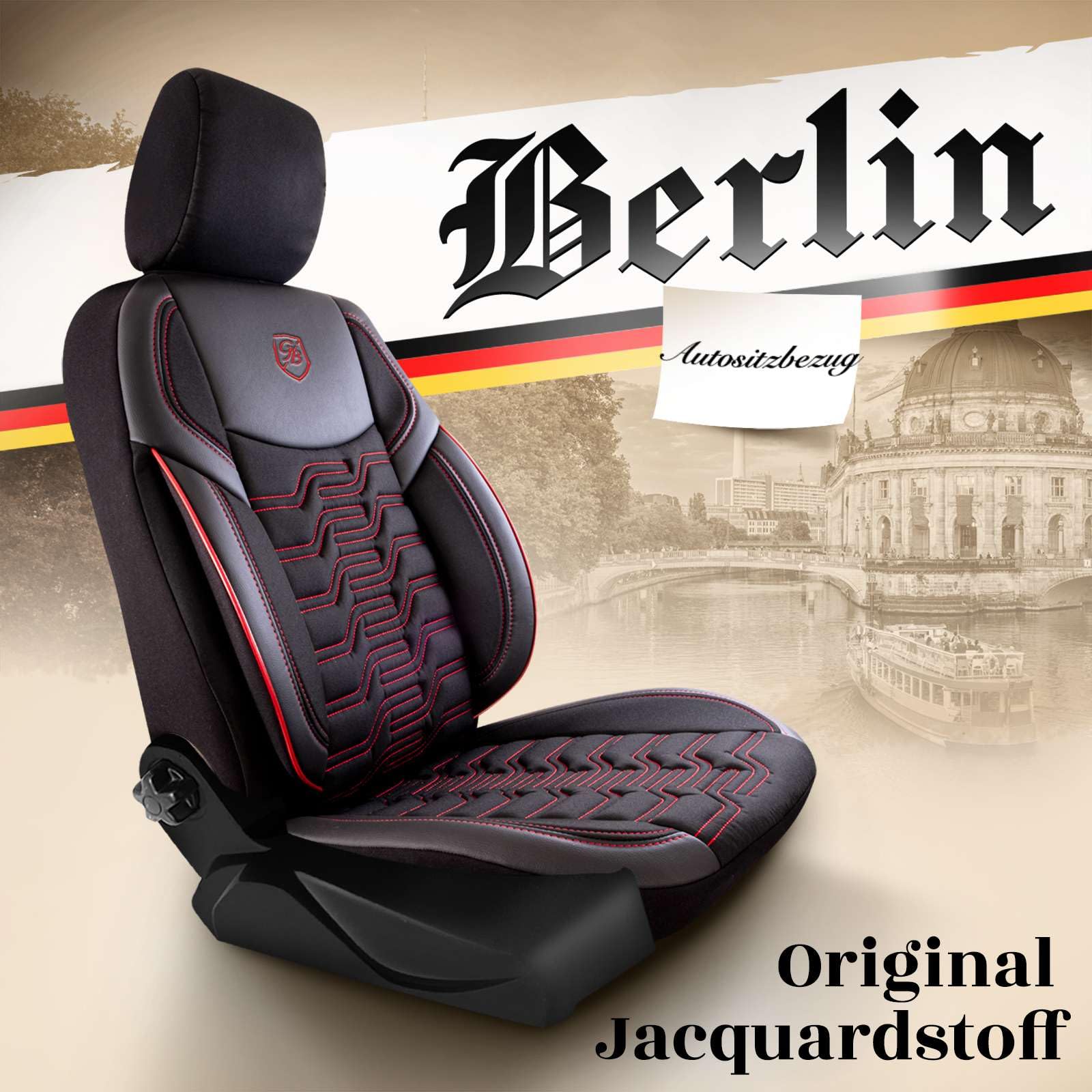 Autositzbezüge Universal – Premium Autozubehör Innenraum für PKW & SUV – Jacquard Sitzauflage, Autoschonbezug Auto, Airbag-kompatibel, Schwarz-Rot, Vordersitz-Set inkl. Montageset