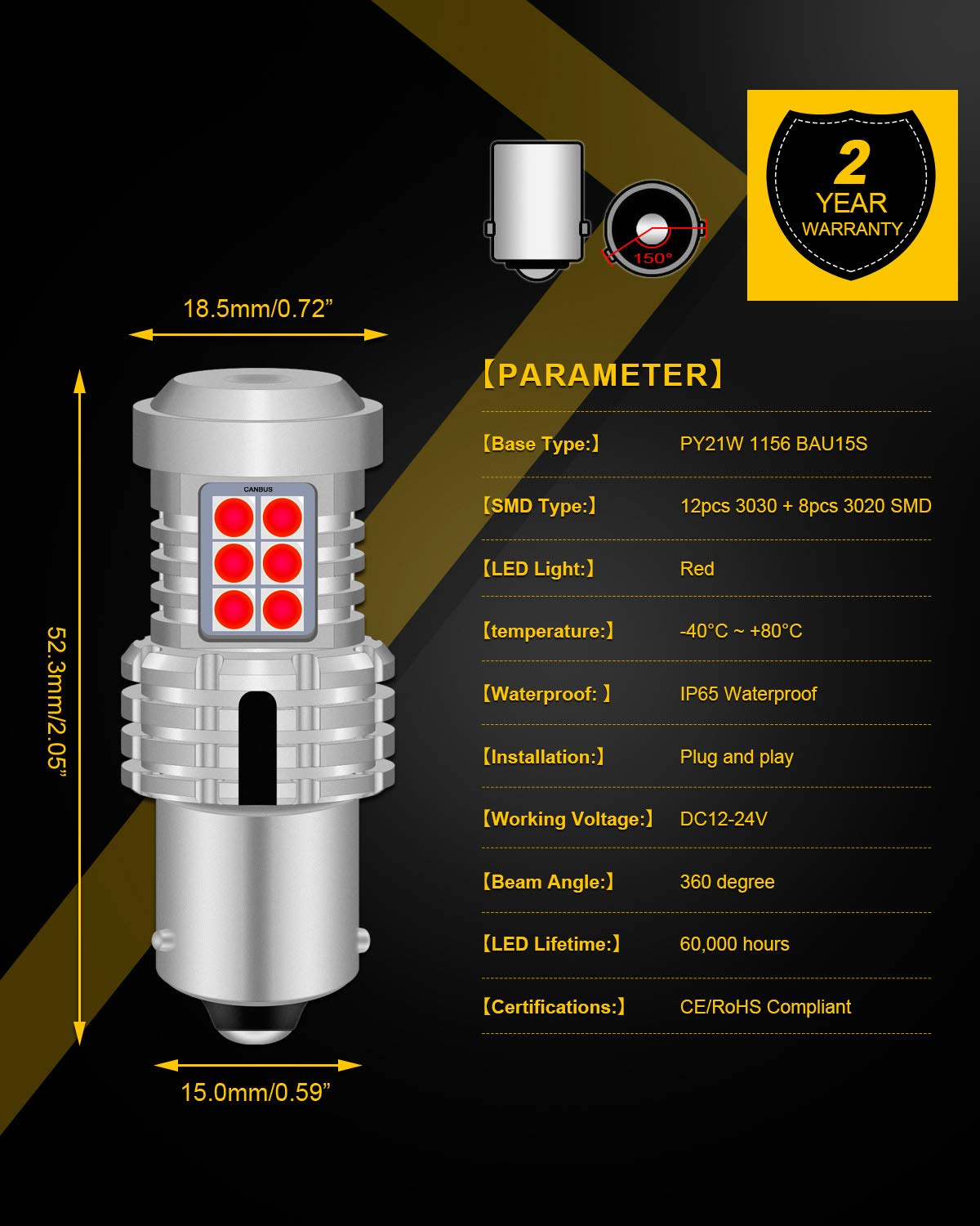 KATUR BAU15S PY21W 7507 Lampadine a LED Luminoso Eccellente 12pcs 3030 & 8pcs 3020 Chips CANBUS Senza errori Luci di parcheggio di Arresto della Coda del Freno di retromarcia,Rosso Brillante
