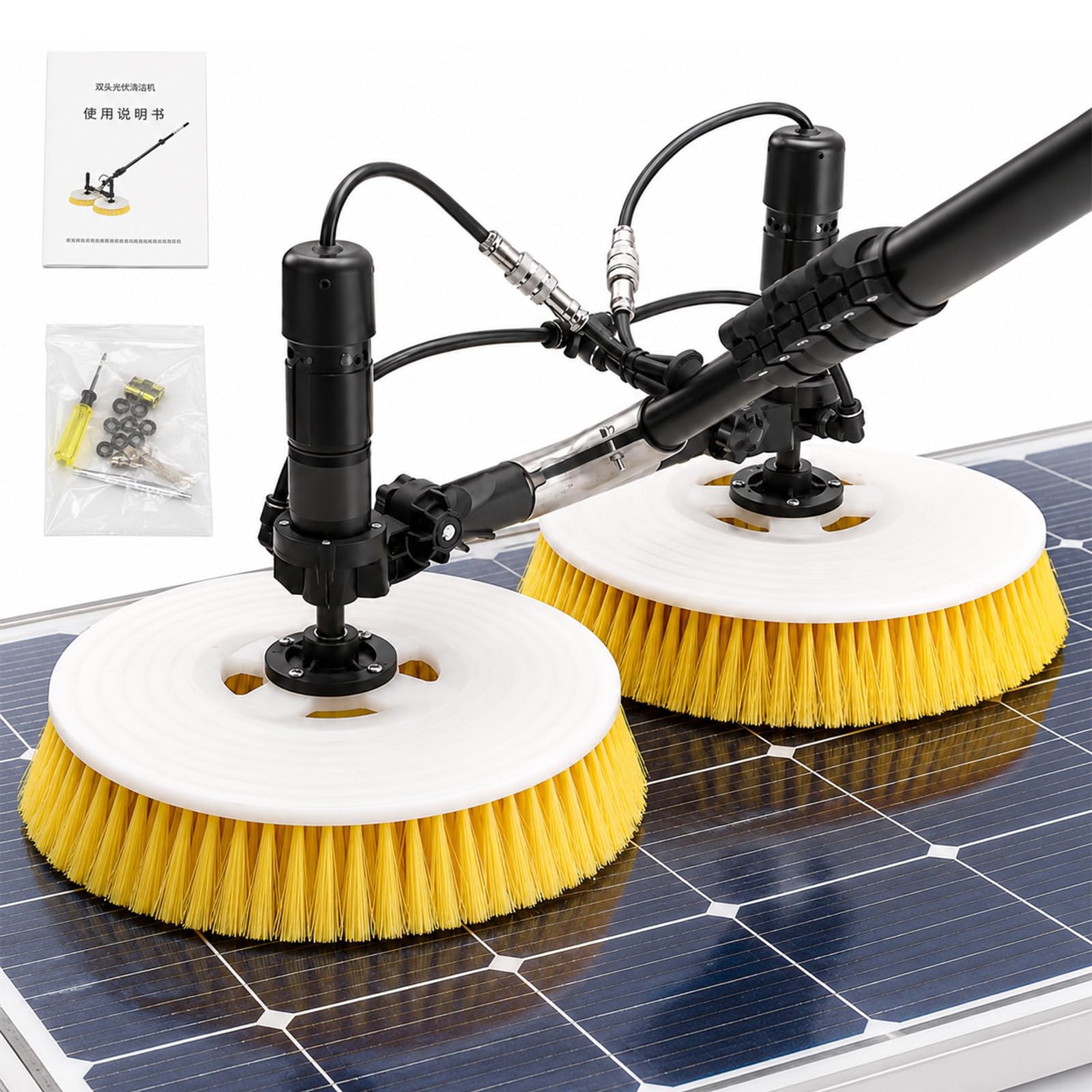 SENJINGHUA 3.5m/5.5m/7.5m Extendable Water Fed Pole Electric Dual-Head Solar Panel Cleaning Brush, 65cm Disc, Clears Dust & Droppings, for Solar Farms 5.5m