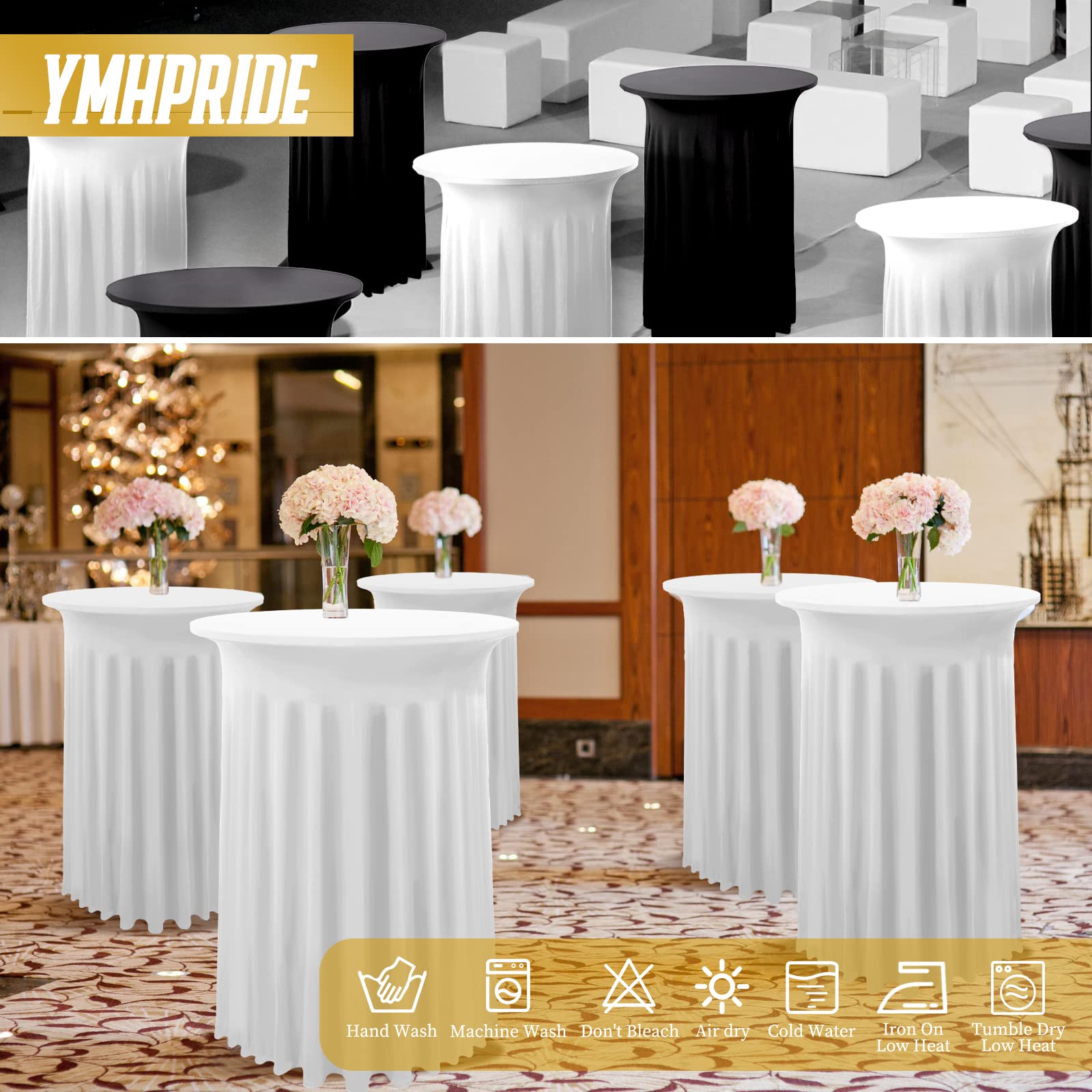 YMHPRIDE 2er-Set Weiße Stehtisch Hussen Stretch Stehtisch Tischdecke mit Rock, 80×110cm Runder Cocktail-Tischrock, Bistrotisch-Bartisch-Abdeckung für Party, Hochzeit, Banketttisch