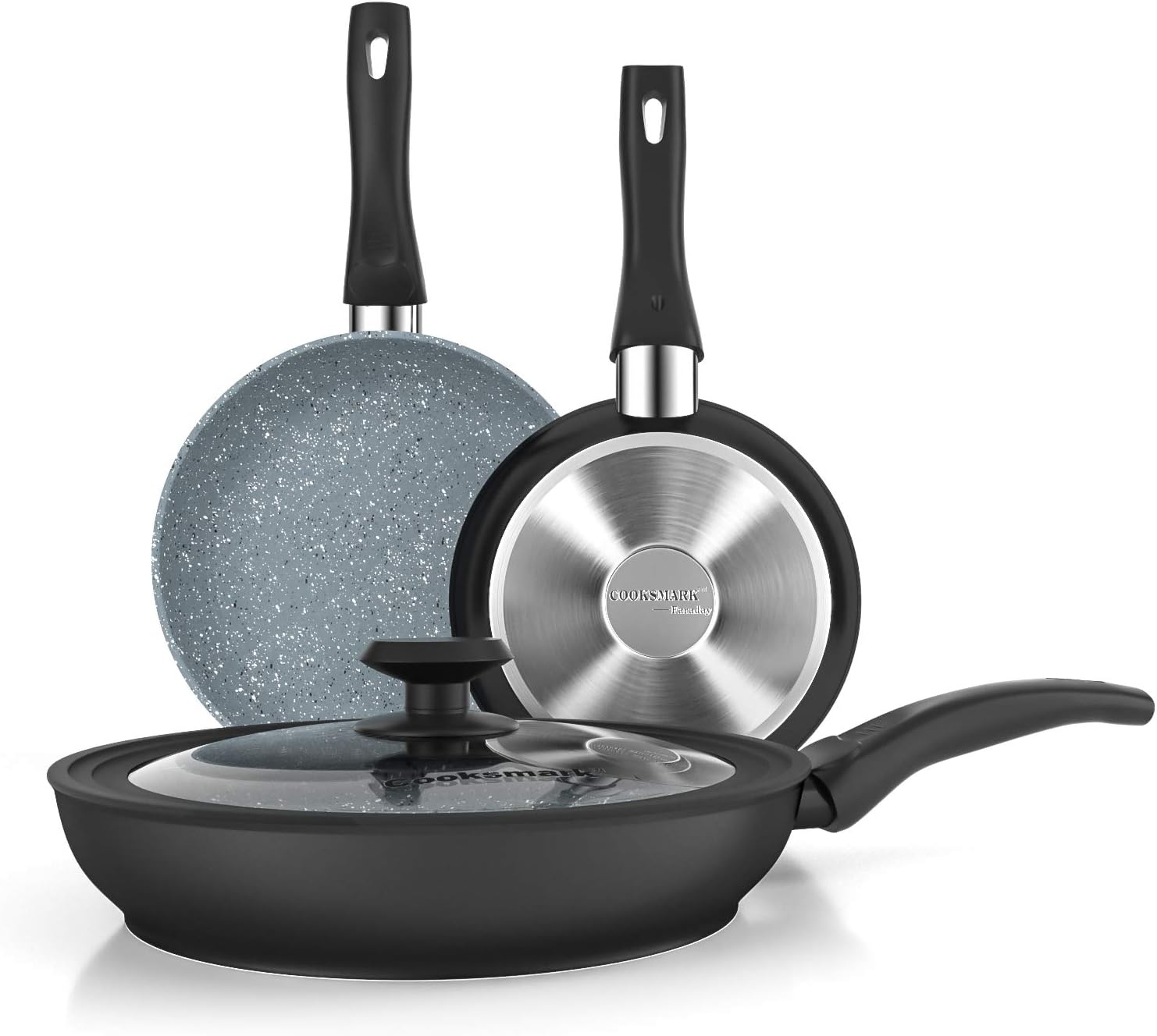 cooper pan Faraday Non-Stick Frying Pans, Granite Frying Pans with Stone-Derived Coating, Aluminum Cooking Pan with Universal Lid, 3PCS, Black