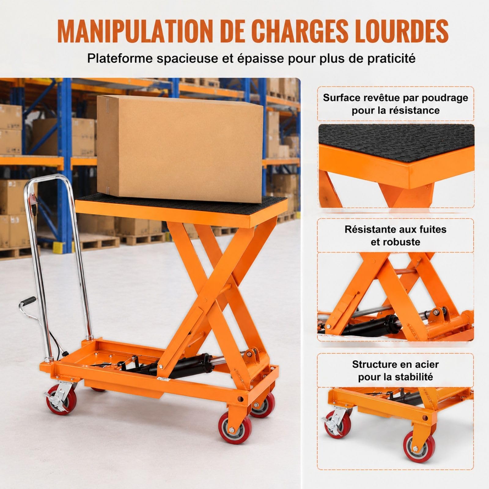 Chariot à table élévatrice hydraulique à simple ciseaux avec 4 roues pour manutention et transport de matériaux