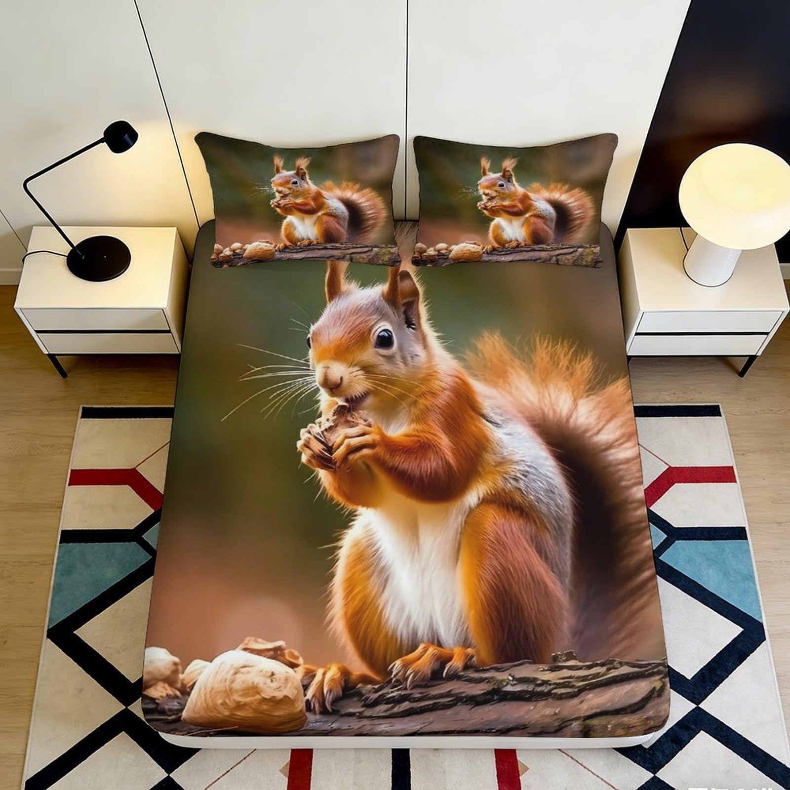 3D Printed Squirrel Fitted Sheet Microfiber Soft Breathable Nut Pattern Mattress Cover for Bedroom Dormitory Guest Room Mattress Protection Decor 120x200x25cm
