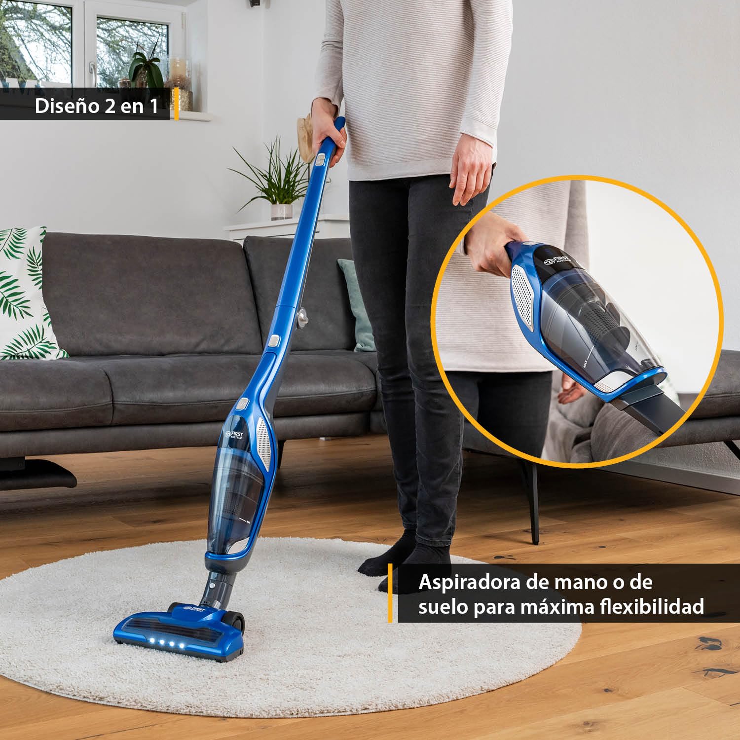 TZS First Austria Aspirador Escoba y de Mano 2 en 1 60 Minutos de autonomía | Cepillo para Suelos con luz LED | Cargador de Pared | Sin Bolsa | Inalámbrico