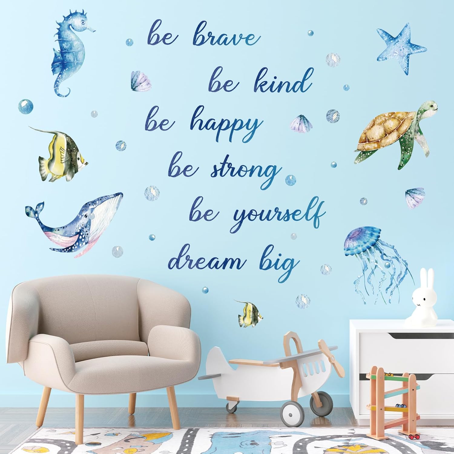 JarThenaAMCS 4 Sheet Ocean Wall Decals Under The Sea Fish Inspirational Quotes Wall Stickers Waterproof Marine Animal Room Decor for Summer Nursery Bedroom Bathroom Party Supplies