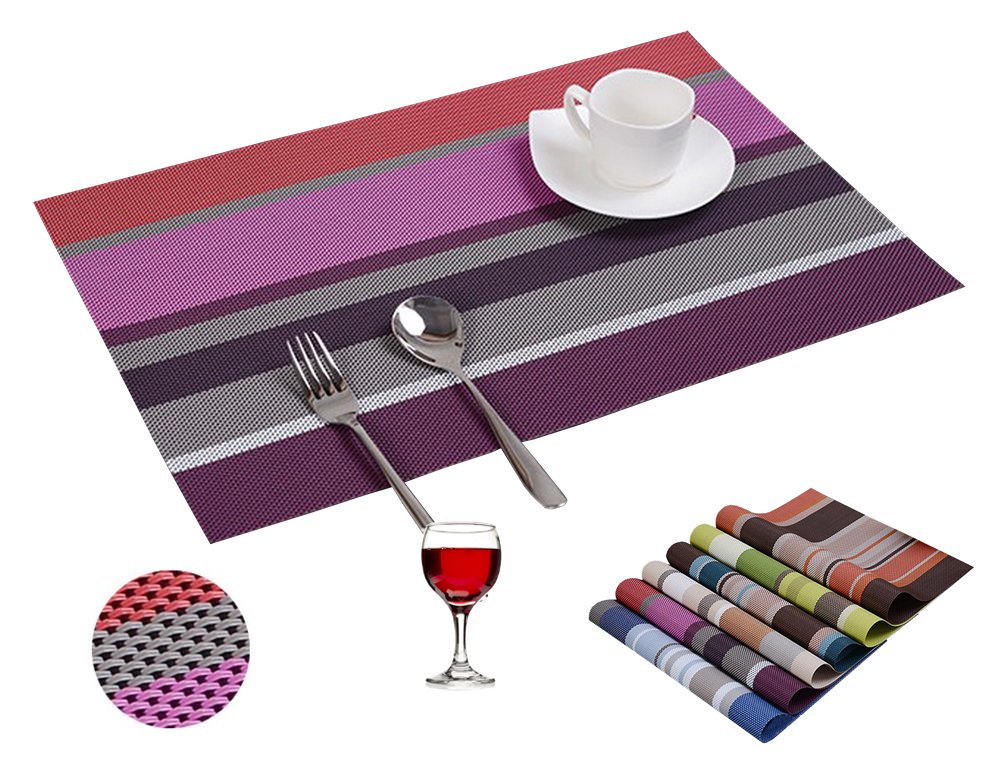 Lutanky Elegant Stripe Placemats Set of 6 Non-slip Insulation Washable PVC Weave Table Mats (set of 6, purple)