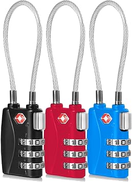 CFMOUR Suitcase Locks, 3-Dial TSA Approved Luggage Lock with Flexible Cable | Security Travel Combination Padlock, For Suitcases Luggage Case Bag Code Lock, 3-Digit Bendy Lock, Black, Multi-coloured Pack