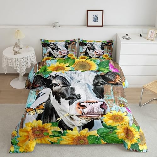 Erosebridal Juego de edredón de vaca, tamaño matrimonial, juego de ropa de cama de girasol y mariposa para niños, niñas y adolescentes, juegos de