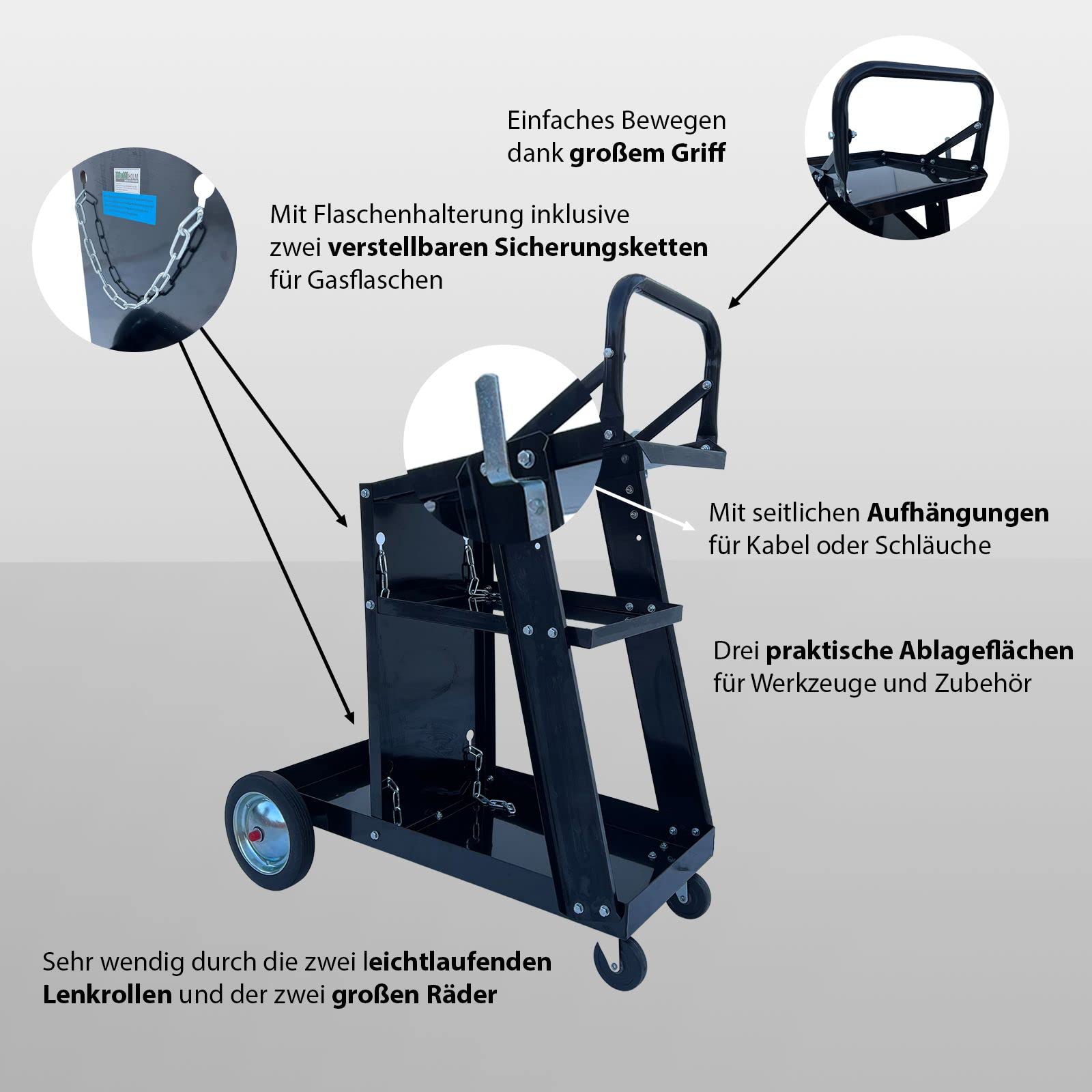 TRUTZHOLM mobiler Schweißwagen 80 kg mit 3 Ablagefächern Werkstattwagen Schweißgerätewagen Flaschenwagen mit Ketten zur SIcherung