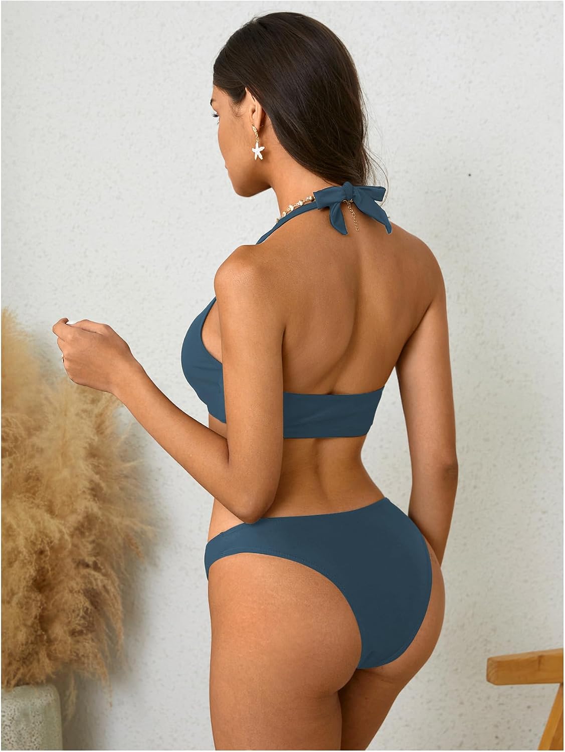 SOLY HUX Women's Halter Bikini Set V Neck Ring Linked Bathing Suit Summer Beach Two Piece Swimsuit
