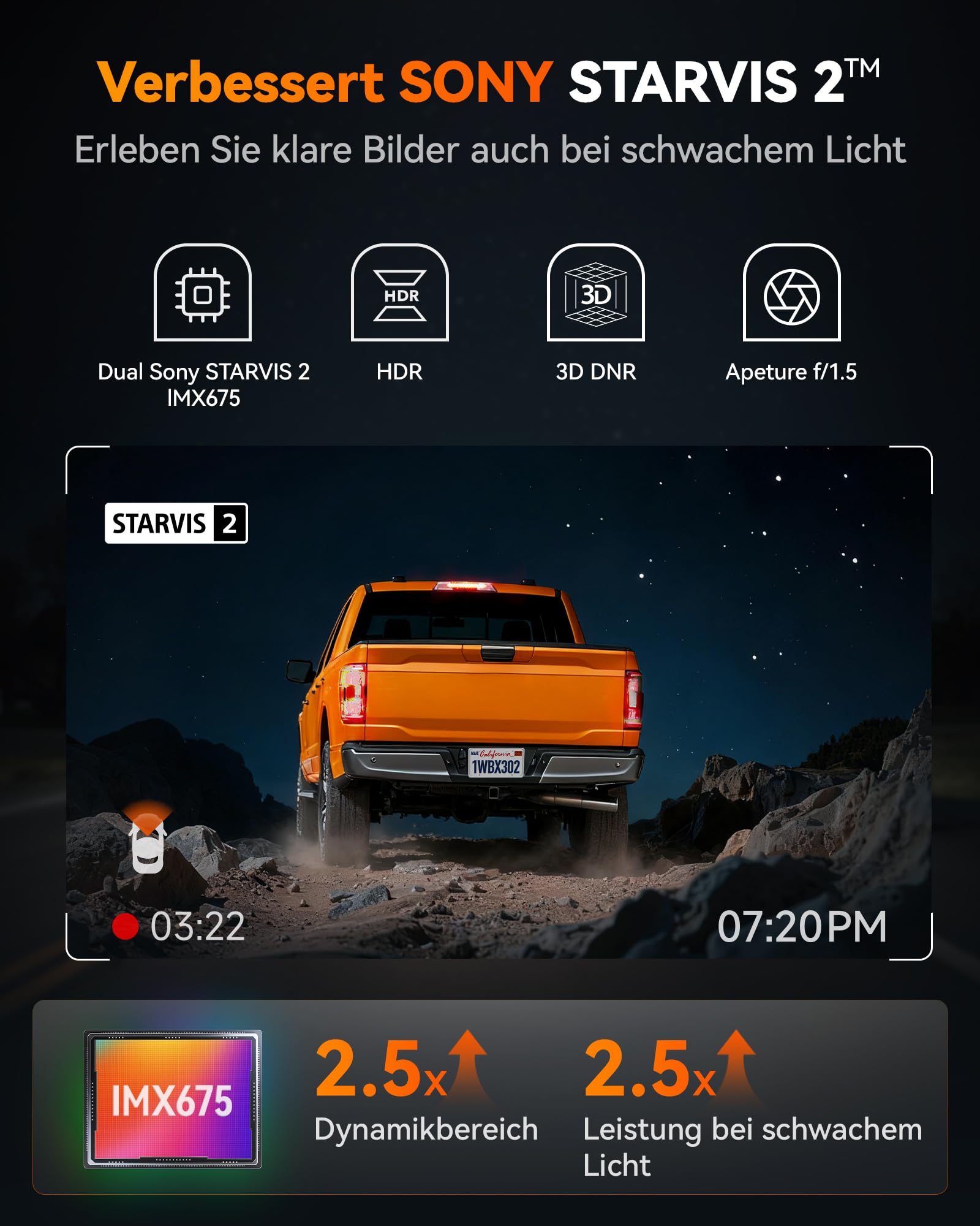 WOLFBOX X3 PRO Dashcam Auto, Dual 5MP STARVIS 2 IMX 675, 1440P 60FPS+1440P ADAS Dashcam Auto Vorne Hinten, Bildstabilisierung mit 5.8GHz WiFi, Sprachsteuerung & Touchscreen, 64GB Karte & GPS Inklusive