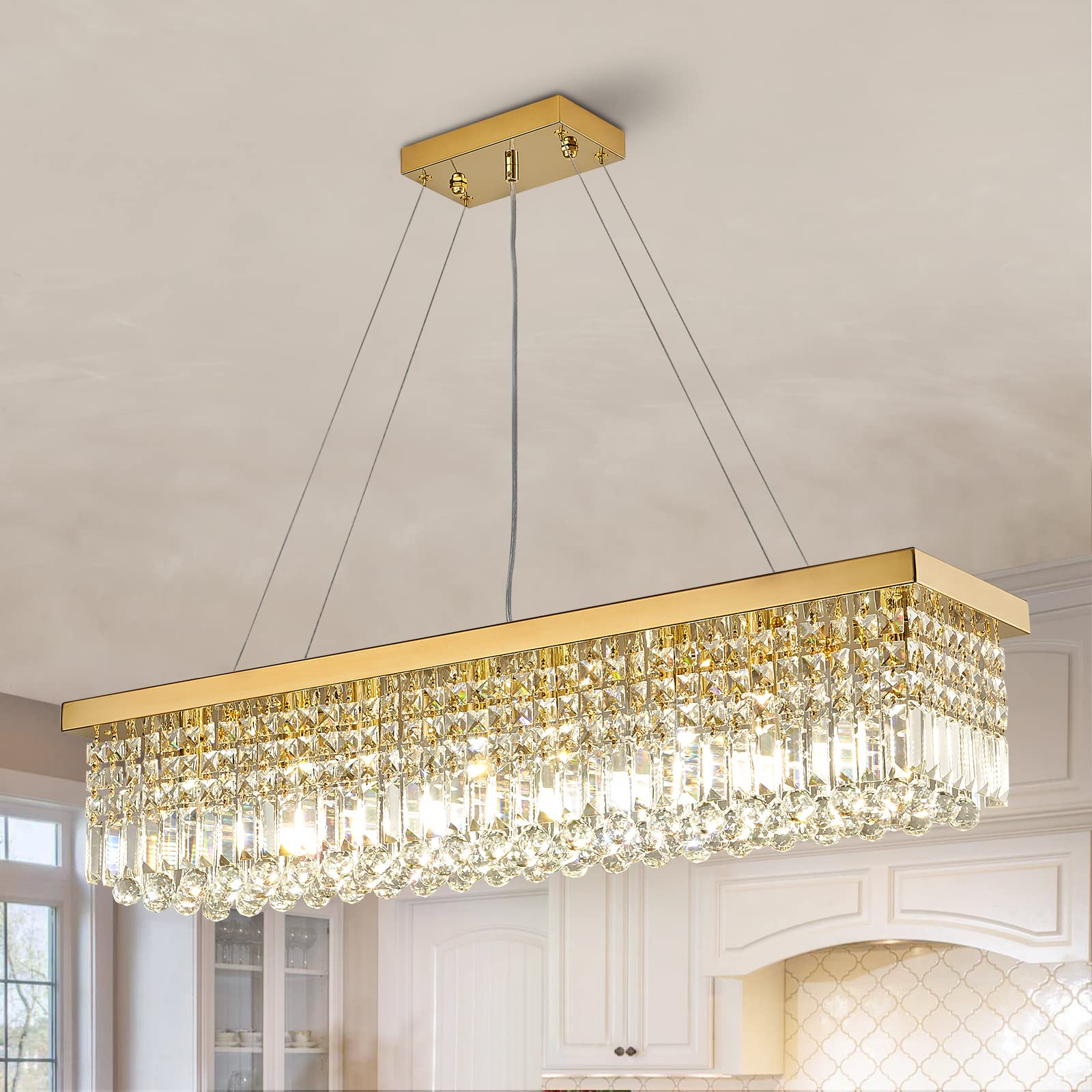 Siljoy 8Light Gold Crystal Chandelier for Dining Room Modern Rectangle