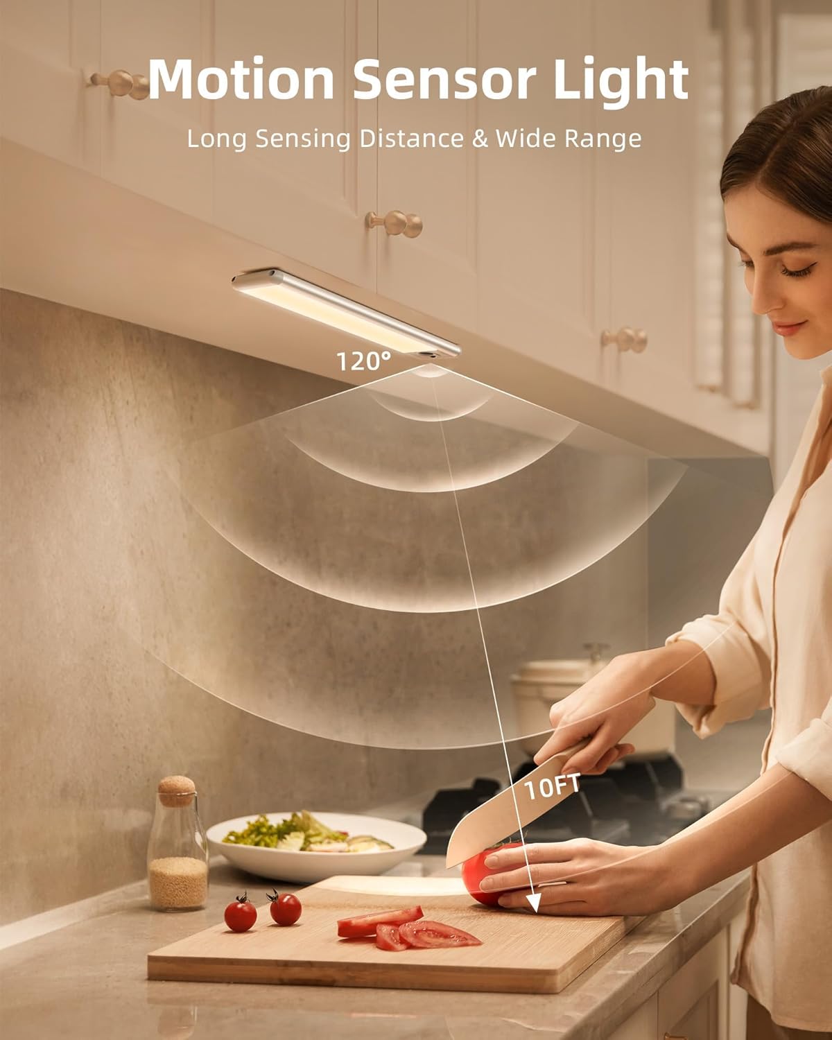 Illustration of motion sensor light detection range in a kitchen setting