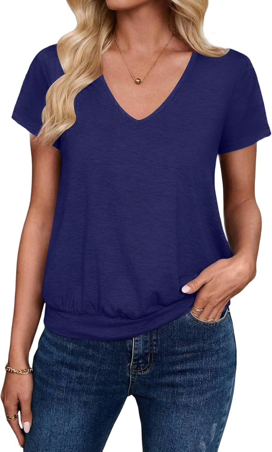 Short Sleeve Women T Shirts V Neck Tops Fashion Banded Bottom Tops Summer Spring Outfits Beach Vacation Clothes 2026