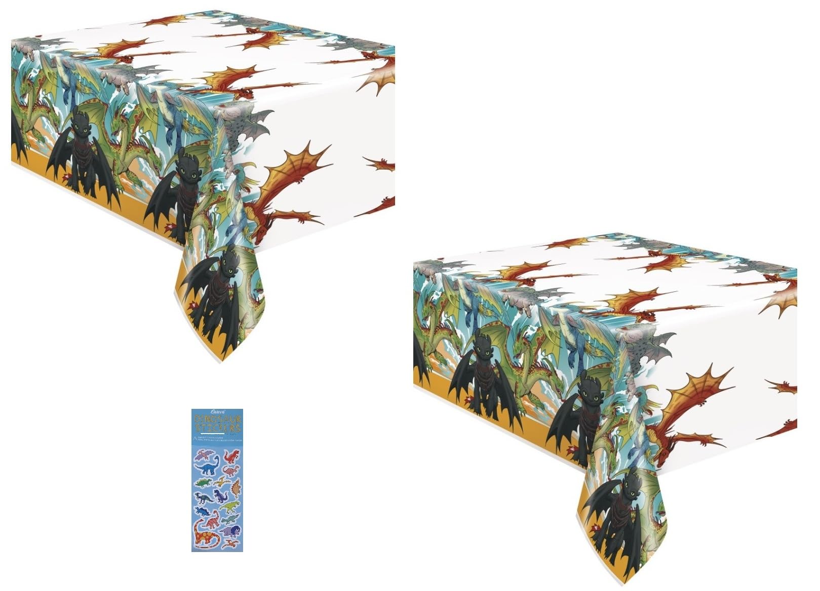 Unique How to Train Your Dragon Birthday Party Supplies Bundle Pack Includes 2 Plastic Table Covers and 1 Dinosaur Sticker Sheet