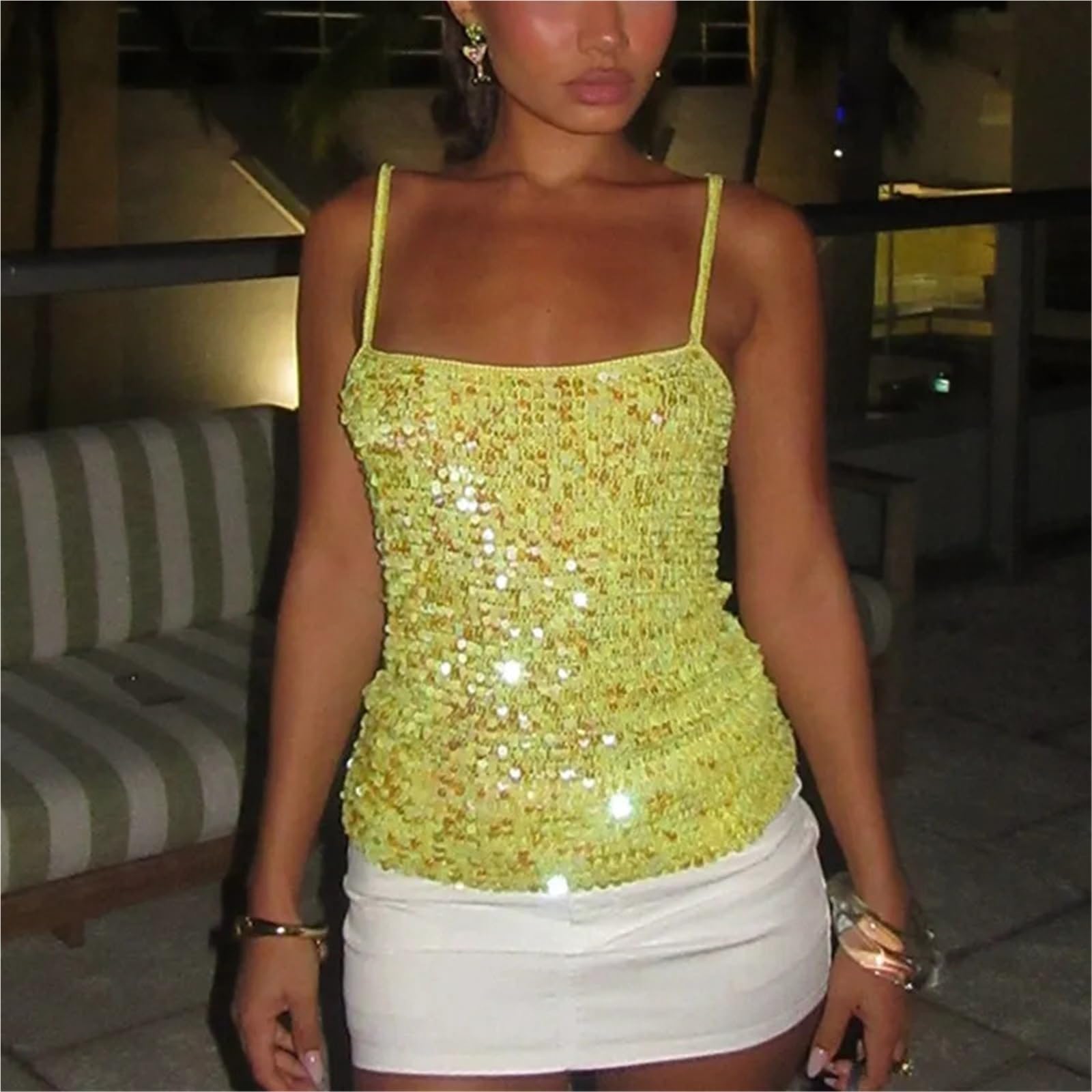Top Halter Mujer Top sin Espalda con Adornos de Lentejuelas for Mujer, Tops Cortos Ganchillo, Tejido Playa for Verano, Purpurina Brillante