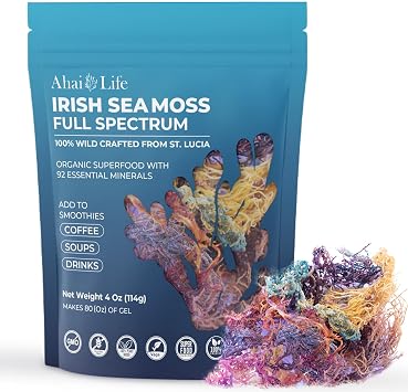 Full Spectrum Irish Sea Moss Raw Organic Wildcrafted St. Lucia Seamoss, Sun-Dried Non-GMO Whole Leaf Sea Moss, Makes 80oz Gel, Mineral Rich Vegan Superfood, 4oz