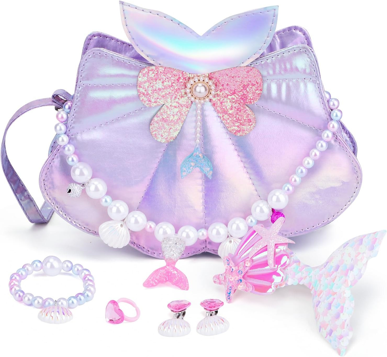 Belle&Birdie Little Girl Purse with Seashell Toys, Toddler Purse with Pretend Play Toys, 6 Pcs Dress Up Jewelry Accessories for Girls, Kids, Toddler