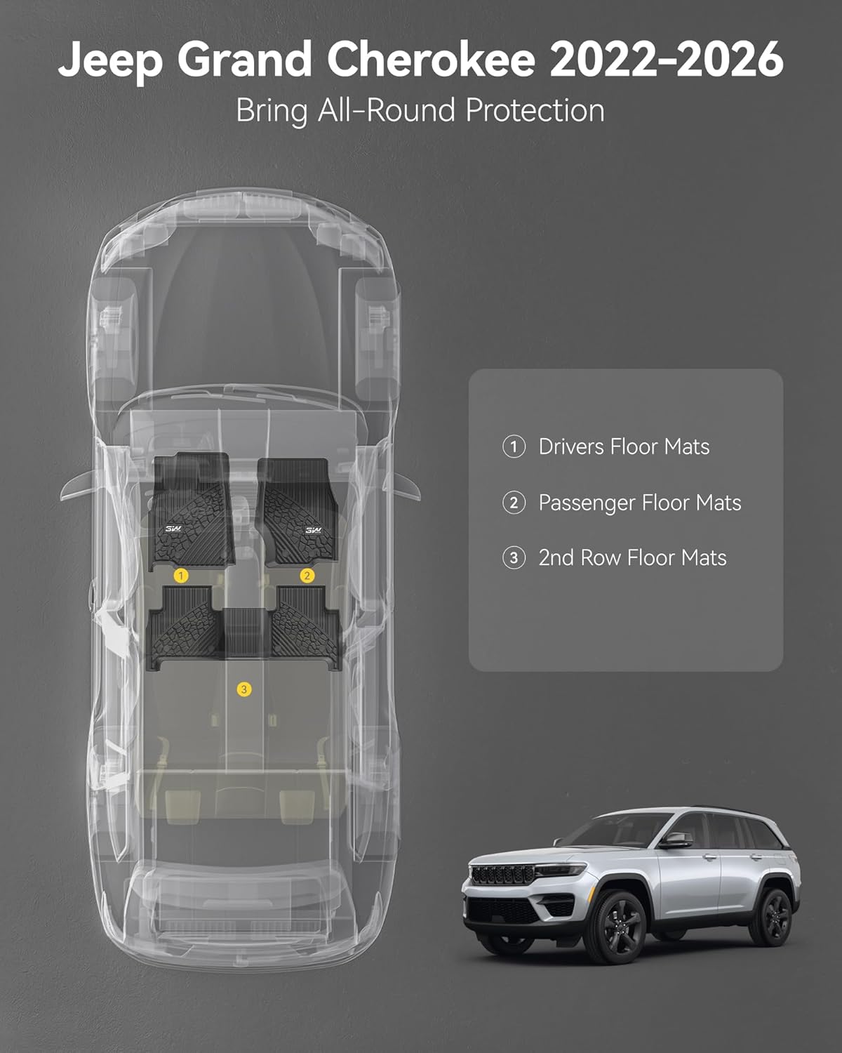 3w floor mats fit for 2022-2025 2026 jeep grand cherokee (non l or wk) tpe all weather custom fit floor liner 1st and 2nd row full set car mats, black 1.grand cherokee 22-26 floor mats