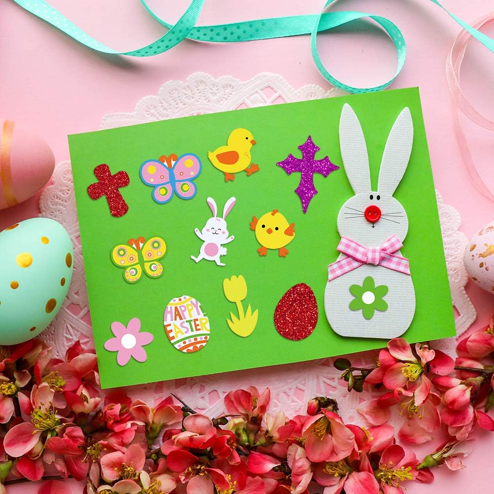536 Pcs Bulk Easter Foam Stickers Assortment Glitter Easter Egg Cross Bunny Chick Lamb Tulip Flower Foam Shapes Cutouts for Kids Easter Craft Card Making Scrapbooking Embellishments Basket Decoration