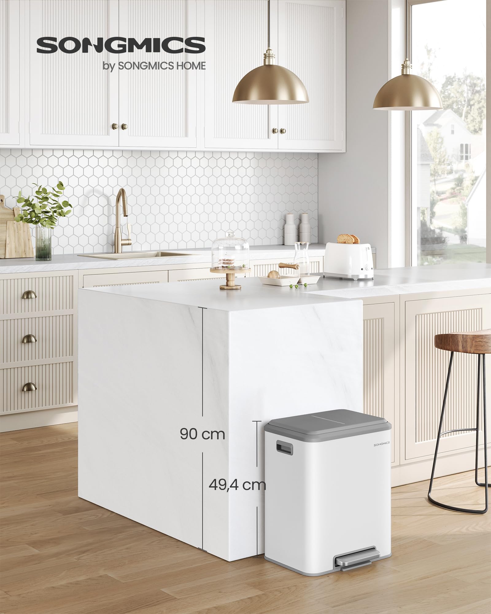 SONGMICS Poubelle de Cuisine, 2 x 15 L Poubelle Double pour le Recyclage et les Déchets Ménagers, Seaux Intérieurs, Acier, Fermeture Douce, Pédale, Blanc Nuage LTB544W02