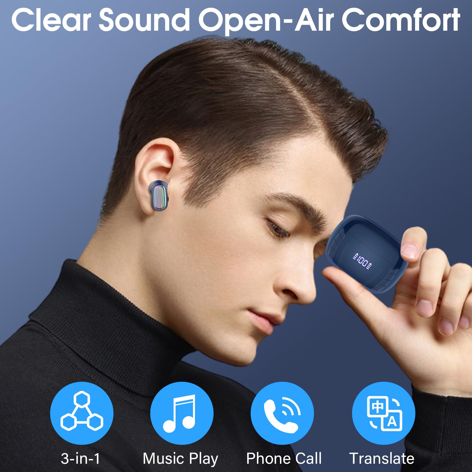 Ecouteur Traducteur Instantané, 40 Heure Bluetooth 5.4 Ecouteurs sans Fil avec 164 Langues, 3 en 1 Écouteur AI Traduction Vocale Instantanée, 7 Modes de Traduction pour Affaires/Études, Bleu