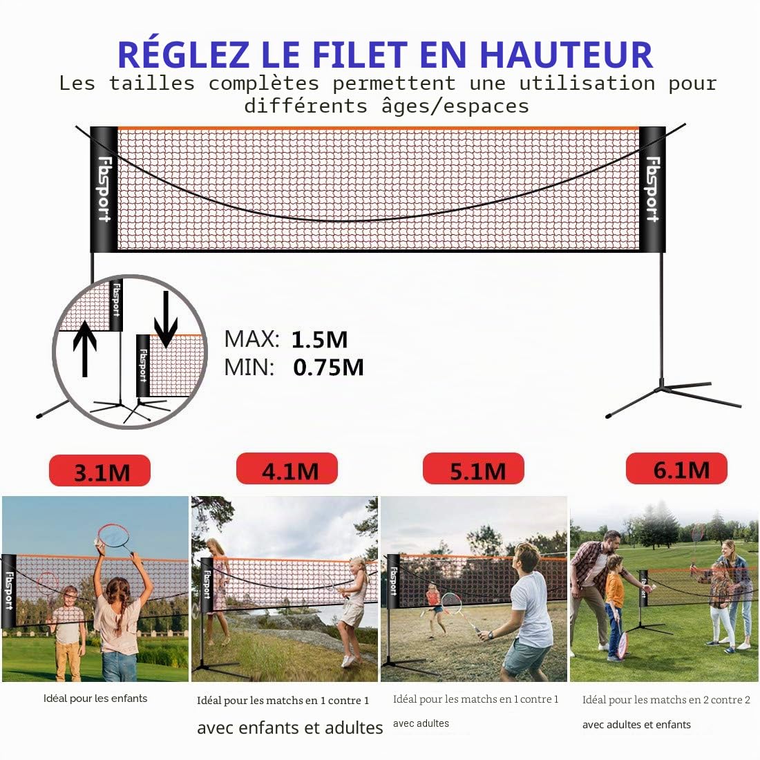 Filet de badminton, filet de tennis 3-6m Filet d'entraînement pour filet de volleyball portable, 3 hauteurs peuvent être ajustées Stockage de filet de badminton pliable, à l'intérieur et à l'extérieur