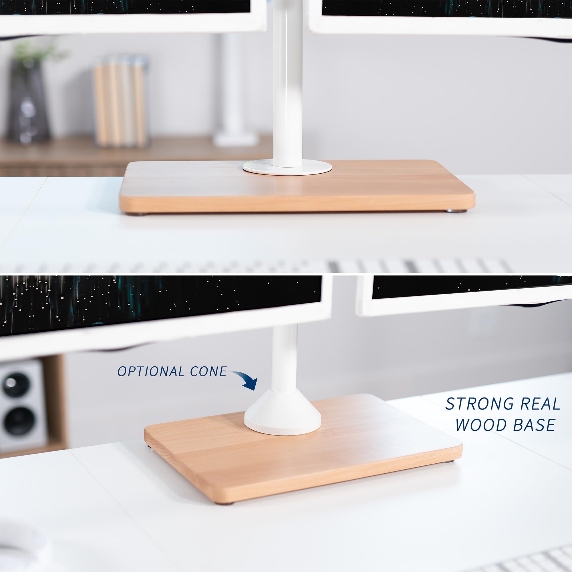 VIVO STAND-V002FD-W, Supporto per doppio monitor autoportante con base in legno massello e bracci regolabili, per 2 schermi fino a 32" e 10 kg ciascuno, bianco