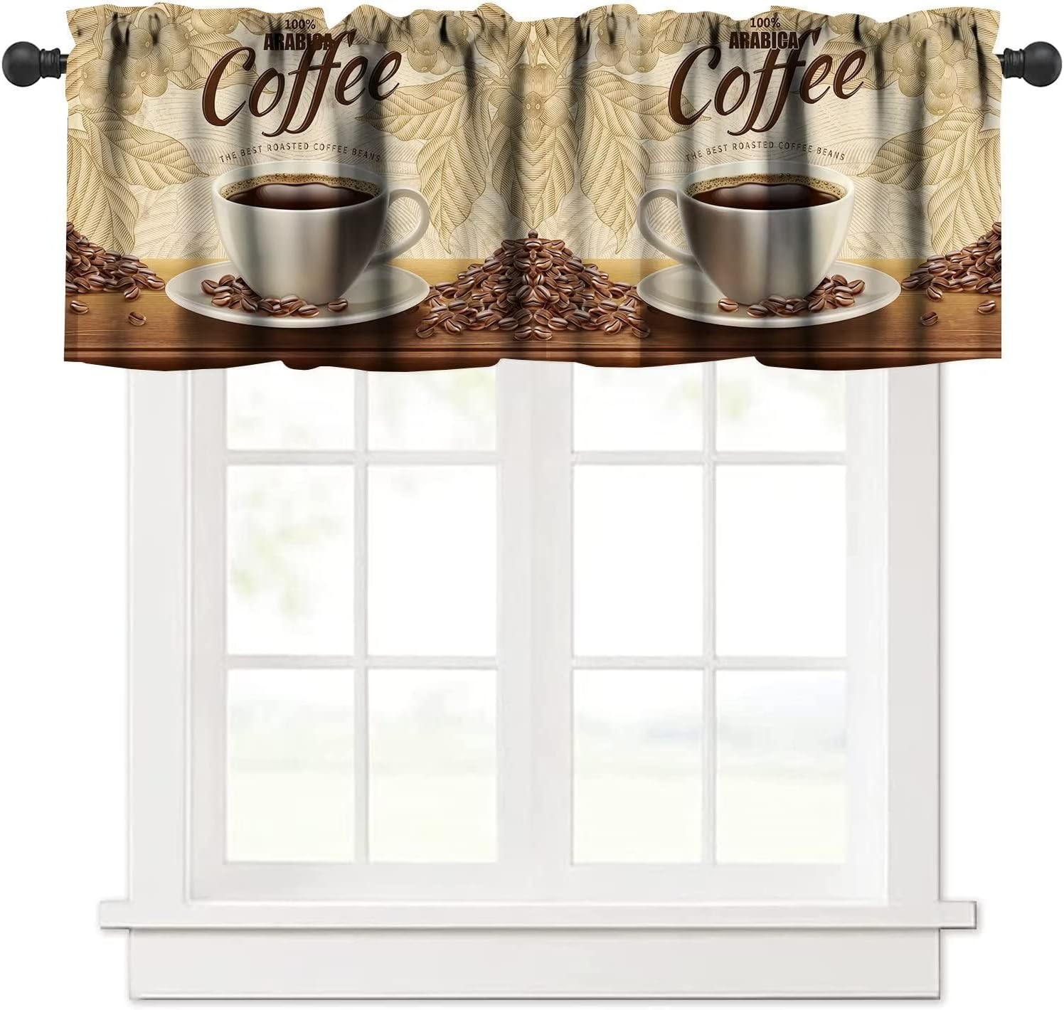 Coffee Window Valance, Coffee Beans Pattern on Background, Curtain Valance for Kitchen Bedroom Cafe Decor with Rod Pocket, Brown