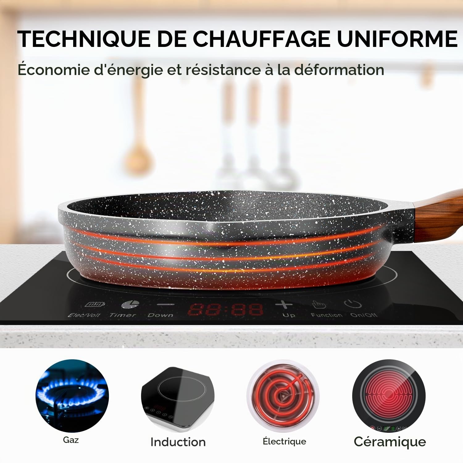 RIOVARM Induction Set de poêles avec Couvercles Antiadhésif Set de poêles à frire 20 cm 24 cm 28 cm Granit Poêle à omelette sans PFOA Marbre Batterie de cuisine avec poignée résistante à la chaleur