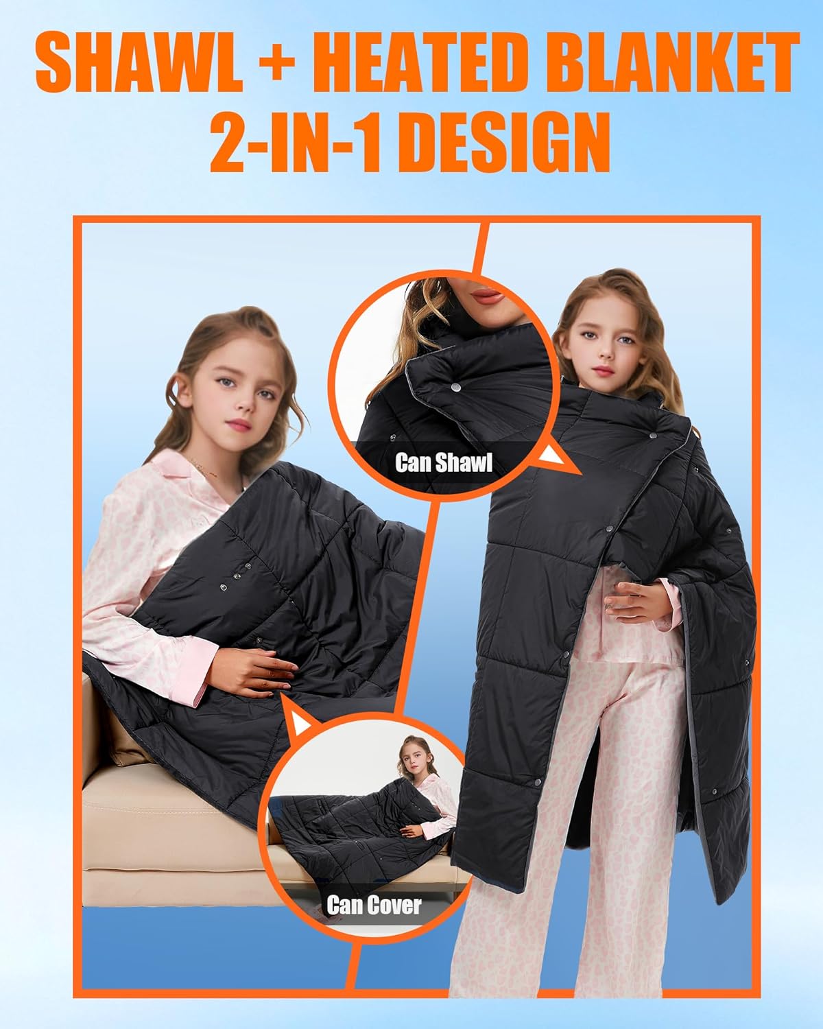 Kids Heated Blanket Battery Powered - 52x43 in Portable Wireless Cordless Throw Electric Rechargeable Heating Blanket, Upgraded 7.4V Battery Pack Heating Element (Black)