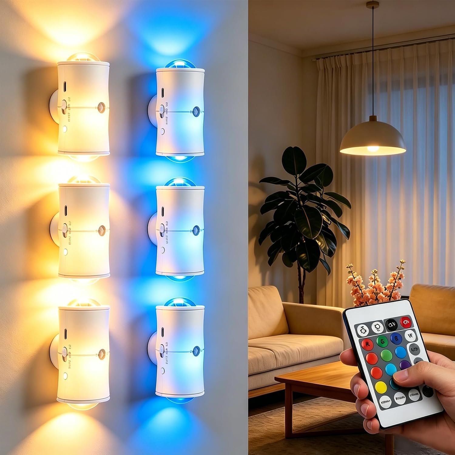 6Pcs Smart Wall Lights Rechargeable No Drilling, Stick on Lights for Walls