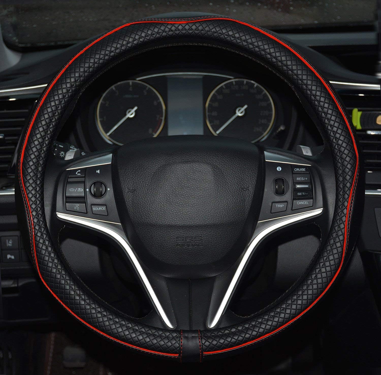 Rueesh Microfiber Leather Car Steering Wheel Cover, Soft Padding, Durable, No Smell, Universal 15 Inch Steering Cover, Anti-slip Embossing Pattern A, Black with Red Line