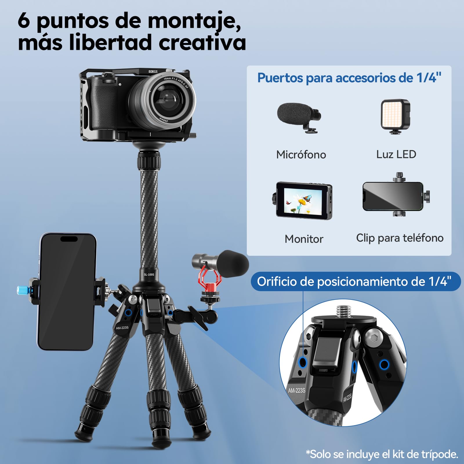 SIRUI 26,6" Mini Trípode para Cámara, Trípode de Carbono Portátil con Tubo de Extensión, Trípodes de Mesa Solo 0.7 kg y Soporte 15 kg para Escritorio y Viaje - AM-223S+SL-100S