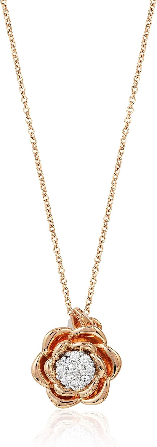Jewelili Enchanted Disney Fine Jewelry Belle Rose Composite Pendant Necklace for Women | 14K Rose Gold over Sterling Silver | 1/6 CTTW Diamonds | 18" Cable Chain | Princess Jewelry Gifts for Her
