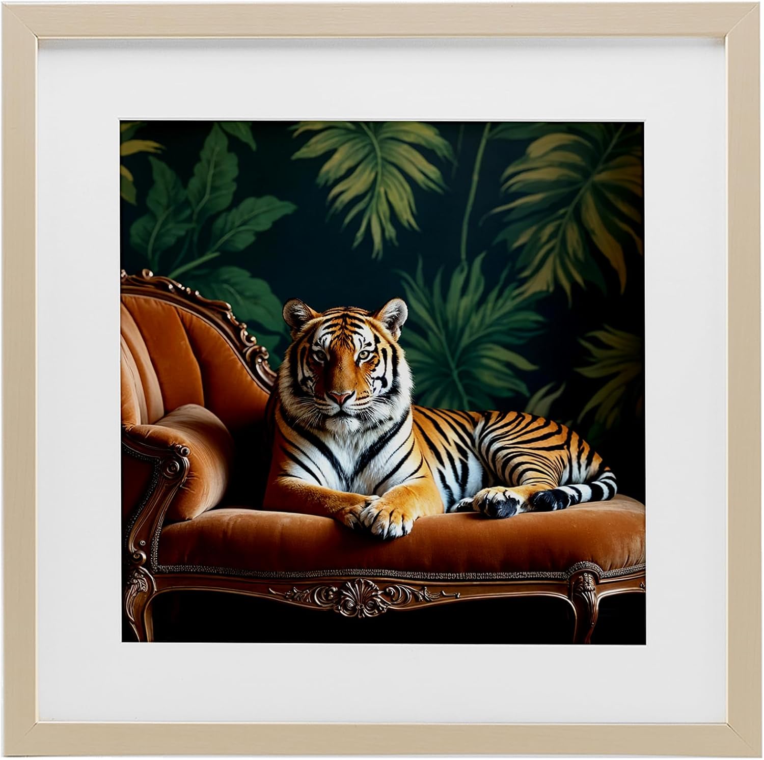 Stupell Industries Tiger Lounging on Chaise White Framed Print Under Glass, design by Lettered and Lined, 13 x 13