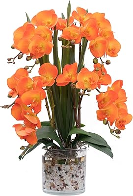 Artificial Orchid Flower Real Touch Faux Orchids in Glass Vase with Faux Water Realistic Orange Phalaenopsis Fake Flower A...