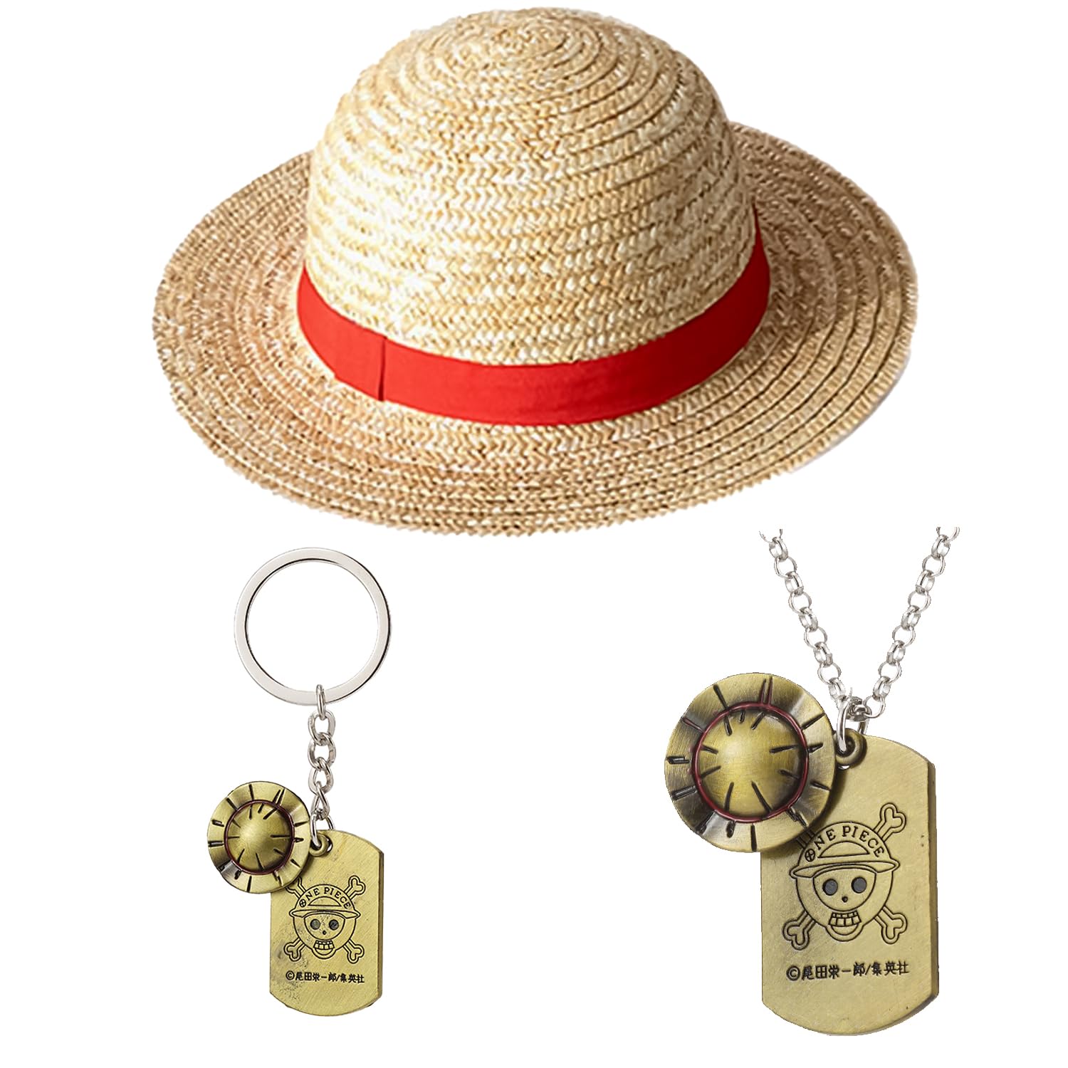 MFUOE 3Pieces Pirate Straw Hat Necklace Keychain Summer Beach Sun Hat Anime Pirate Jewellery Cosplay Fans Gift for Adult Halloween Fancy Party