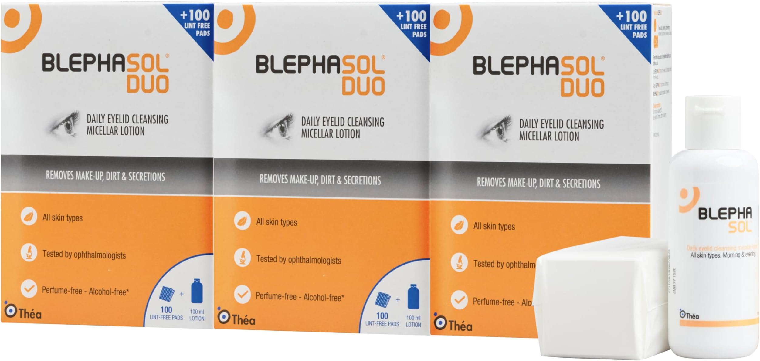 Blephasol Duo Micellar Eyelid Cleansing Lotion | Gentle, Effective Removal of Dirt & Makeup from sensitive Eyelids and Lashes | Perfume & Alcohol-Free | 3 PACK | 3 x 100 ml Bottle |300 Lint-Free Pads