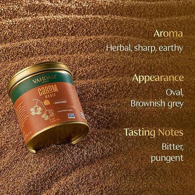 Image of VAHDAM, Carom Seeds Whole (2.47oz /70g) Gluten Free, Non GMO, 100% Raw Carom Whole, 100% Raw Ajwain Seeds from India | Carom Bishops Weed Seed for Cooking | Direct From Source