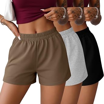 3 Pack Womens Sweat Shorts, Lounge Comfy | Womens Athletic Shorts, Cotton Blend, Workout, Casual, Pockets, High Elastic Waist, Comfortable, Gym, Loose, 3-5 Inch Inseam