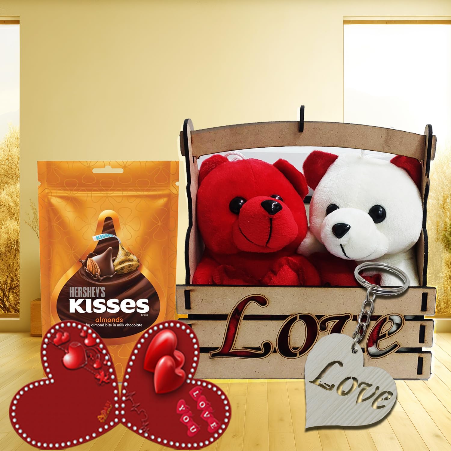 AWANI TRENDS Valentine Day Gift - Wife, Girlfriend,Husband,Boyfriend - Love Wooden Basket With 2 Taddy Kisses Chocolates & 1 Greeting Card