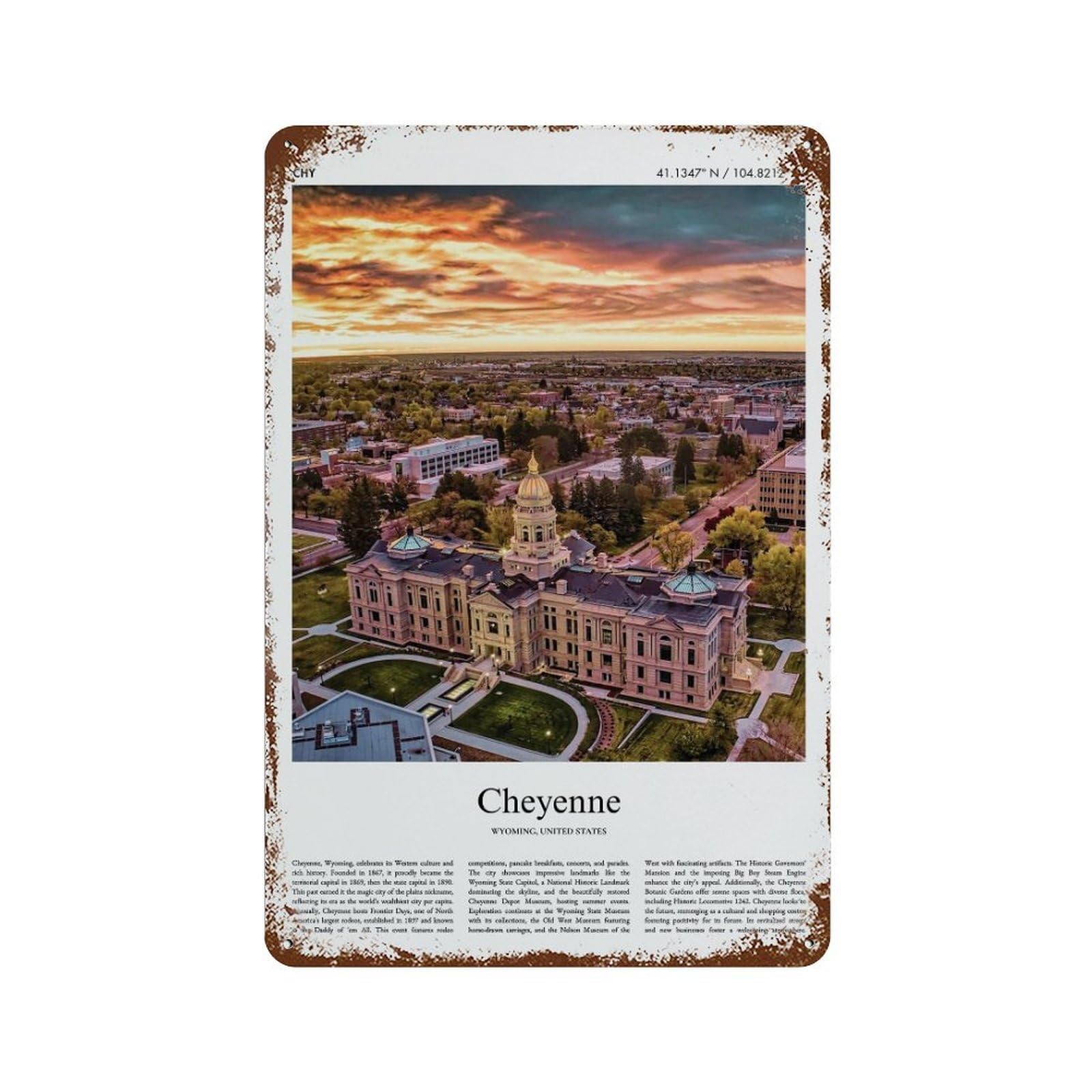 xiaoxiaoshen Cheyenne Wyoming, United States, USA City Scenery Wall Decor Art Metal Tin Poster Modern Home Decor Art Home Bar Shop Decorations Vintage Sign 30x20cm