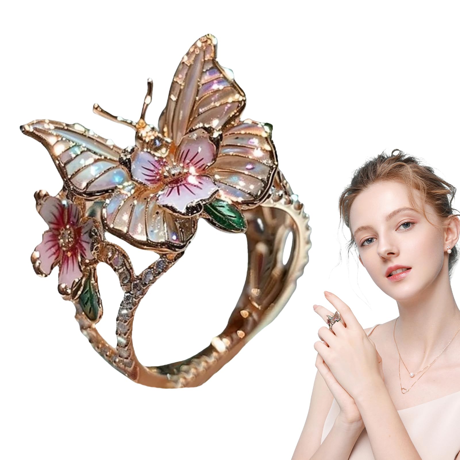 Amazon.co.jp: 蝶の指輪、蝶の花のリング - リング女性用ローズ