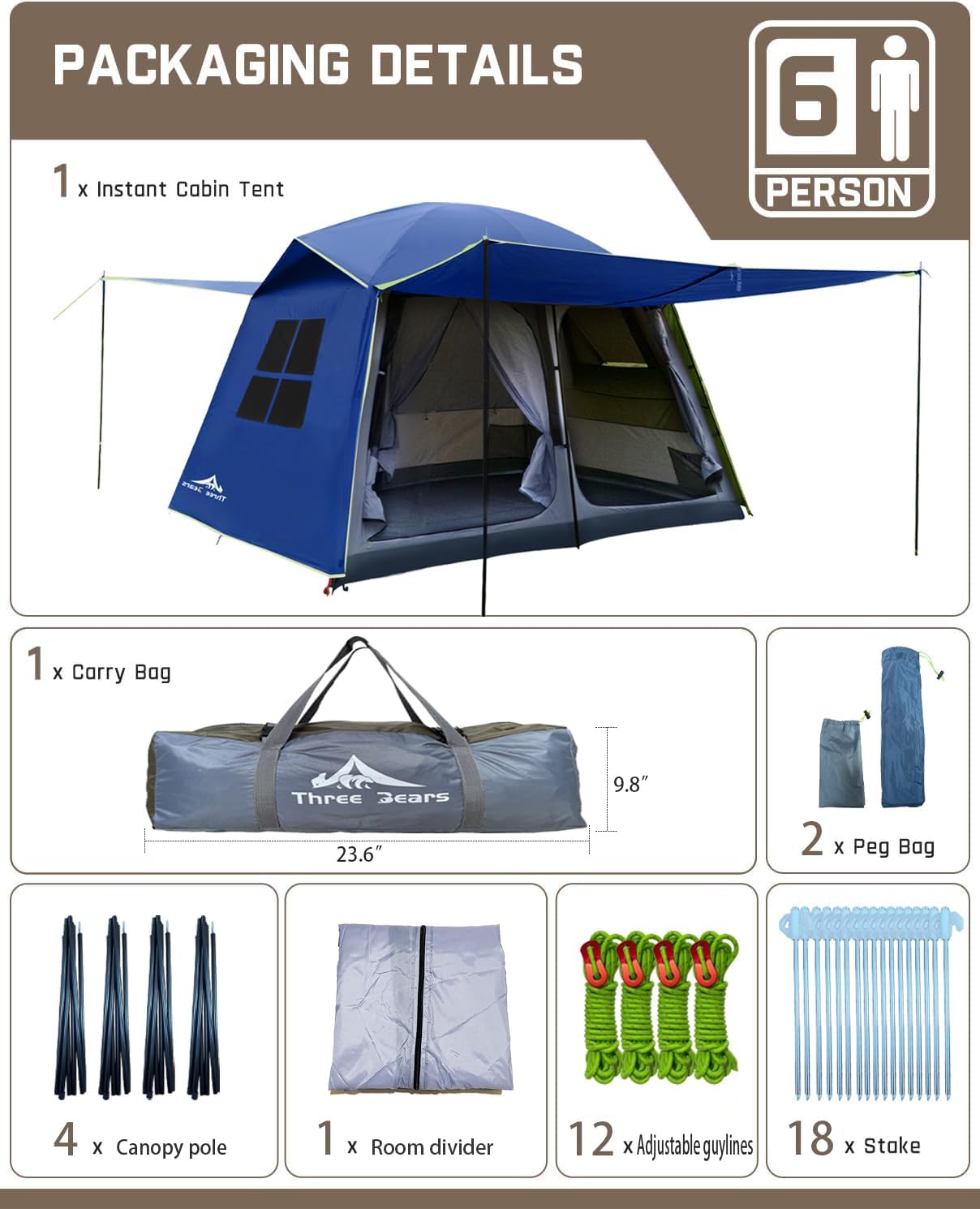 Three Bears 6-Personen-Zelt, 3000 mm wasserdicht, doppellagig mit Raumteilern, farbcodierten Schnallen, Vorzelte vorne & hinten als Sonnenschutz nutzbar – ideales Familienzelt für Camping & Outdoor.