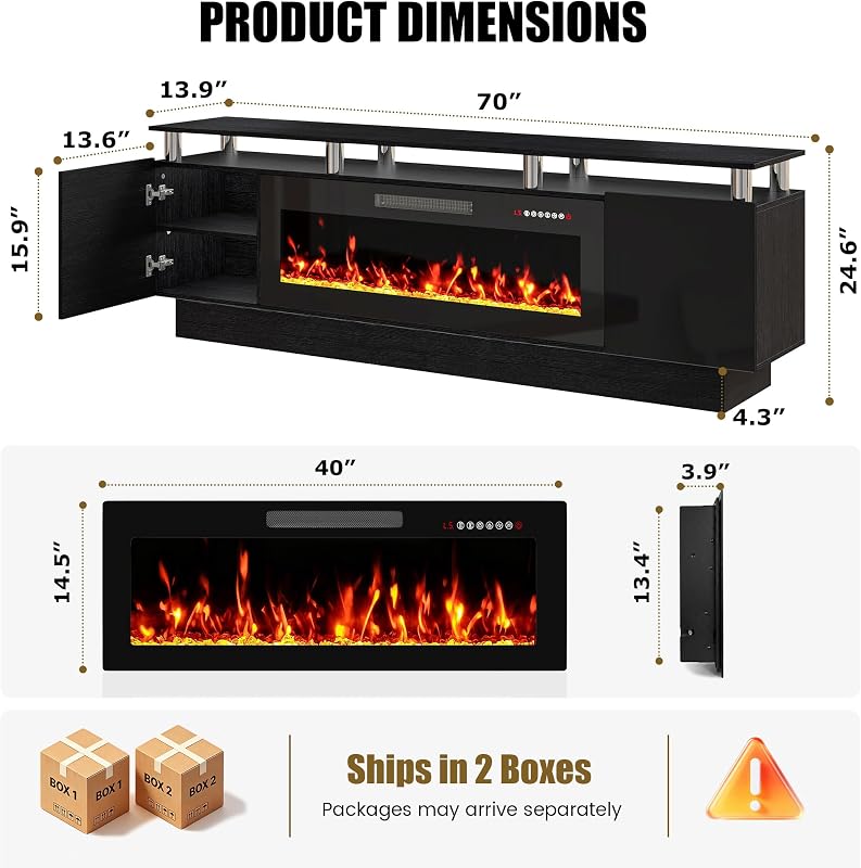 PRETZI 70" Modern Fireplace TV Stand with 40" Electric Fireplace image 2