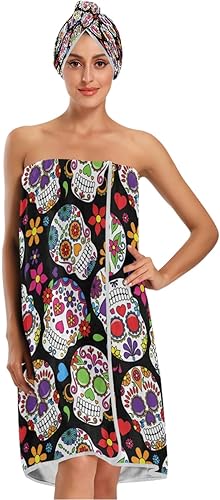 ATTX Juego de 3 toallas de spa para mujer, diseño de calavera de azúcar, con cierre ajustable