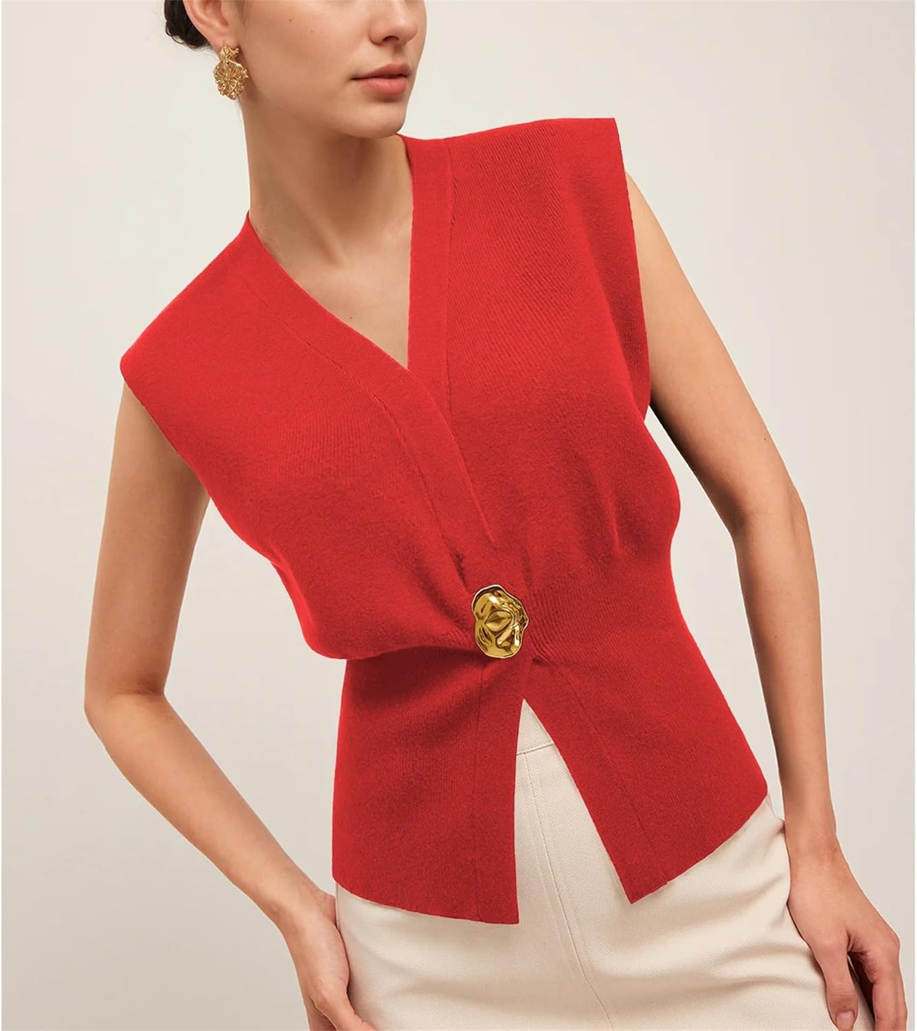 Womens Sleeveless Sweater Vest Deep V Neck Button Down Waist Cinched Knit Trendy Solid Pullover Tank Tops - Image 4